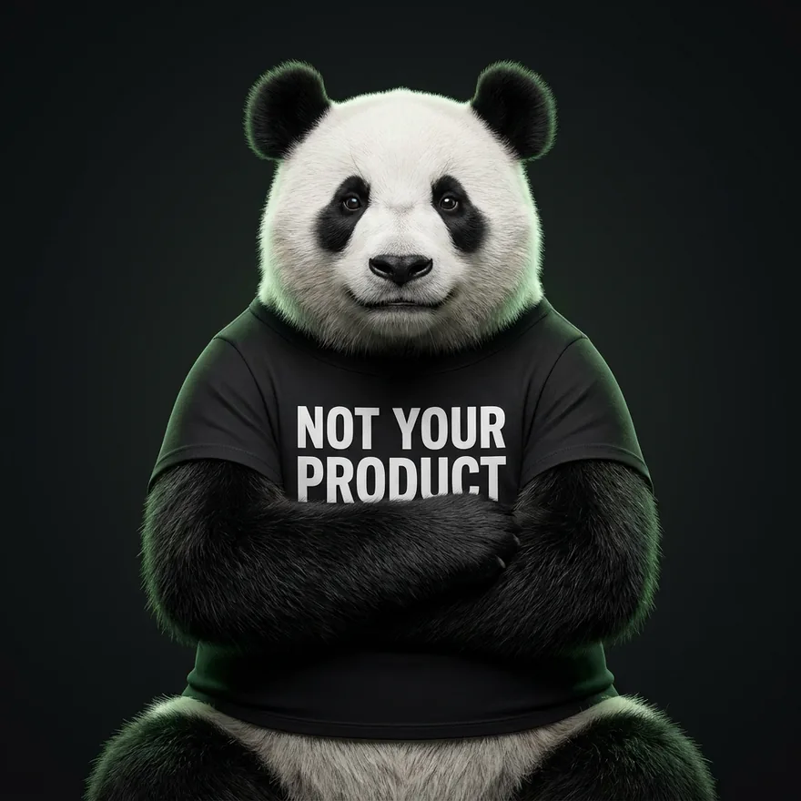 A giant panda with its arms crossed, wearing a black T-shirt that says NOT YOUR PRODUCT.