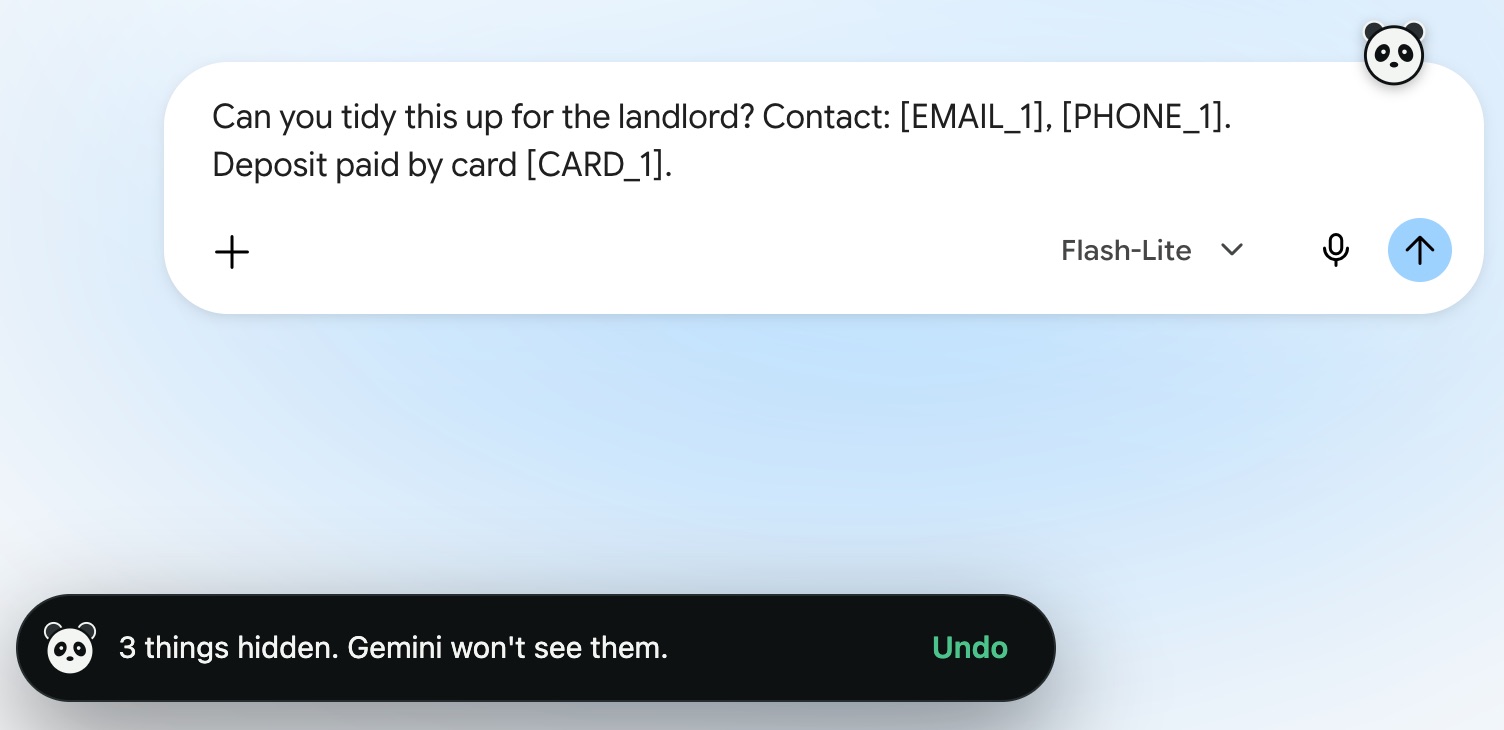 The chat box now shows placeholders, with a note: 3 things hidden. Gemini won't see them. Undo.