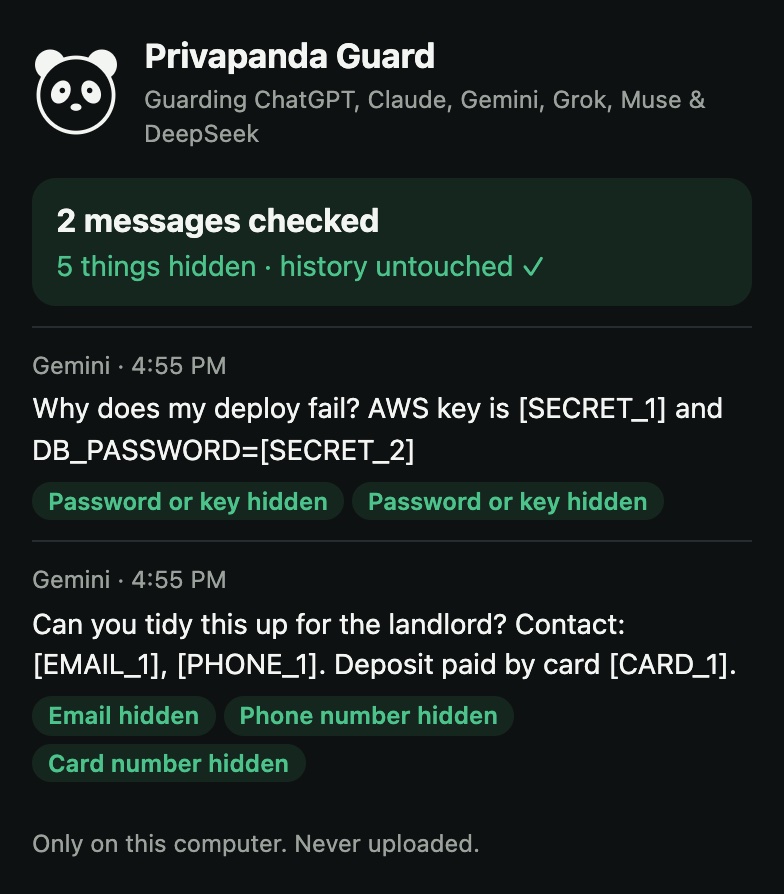 Guard's history: 2 messages checked, 5 things hidden, history untouched.