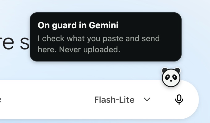 A small panda on the edge of the Gemini chat box, with a note: On guard in Gemini.