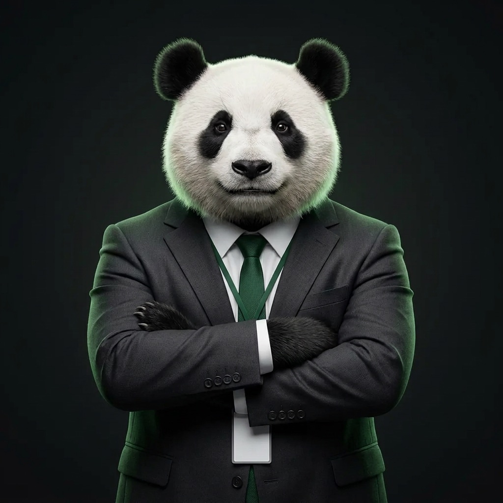 The Privapanda panda in a charcoal suit and green tie, arms crossed, with a company badge on a lanyard.