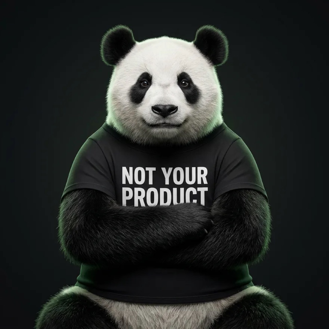 A giant panda with its arms crossed, wearing a black T-shirt that says NOT YOUR PRODUCT.