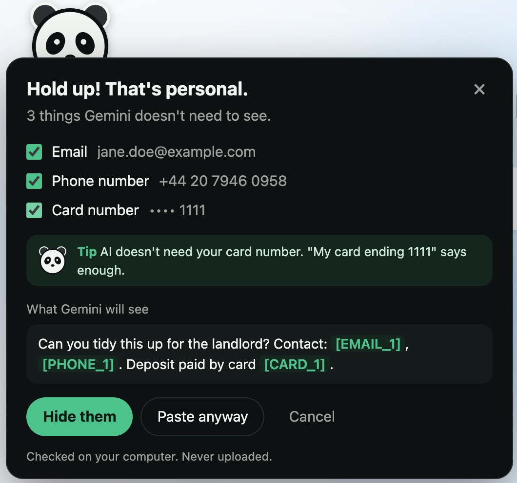 Guard's panel on Gemini: three things Gemini doesn't need to see, with a tip and a Hide them button.