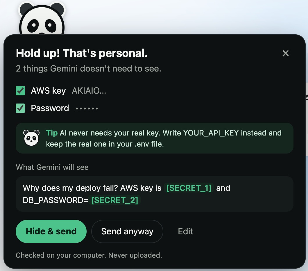 Guard's panel at send time, flagging an AWS key and a password, with a tip to write YOUR_API_KEY instead.